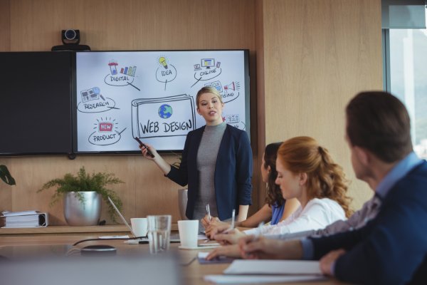 Businesswoman discussing with colleagues over whiteboard during meeting in board room