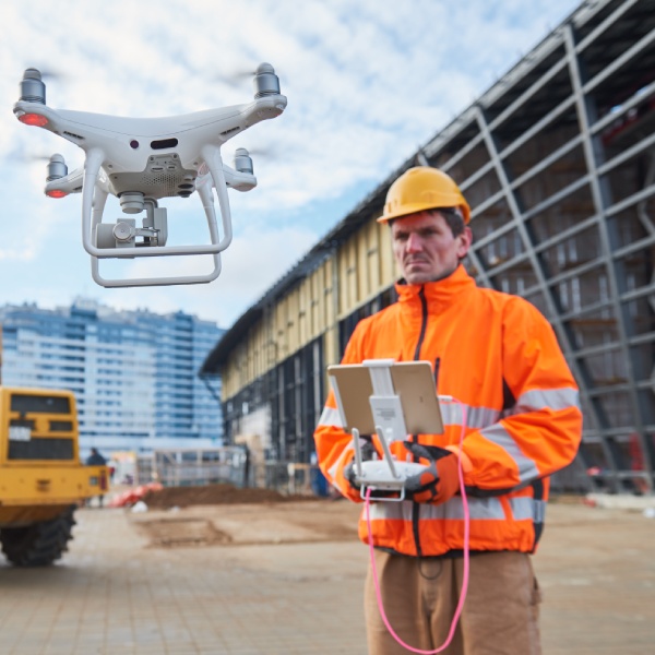 Drone operated by construction worker on building site