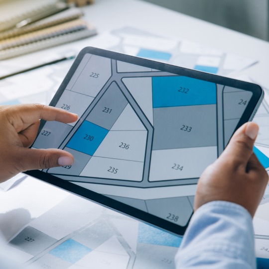 Man holding a tablet looking at lots of lands. Land plot management - real estate concept with vacant land for building construction and housing subdivision for sale, rent, buy, or investment