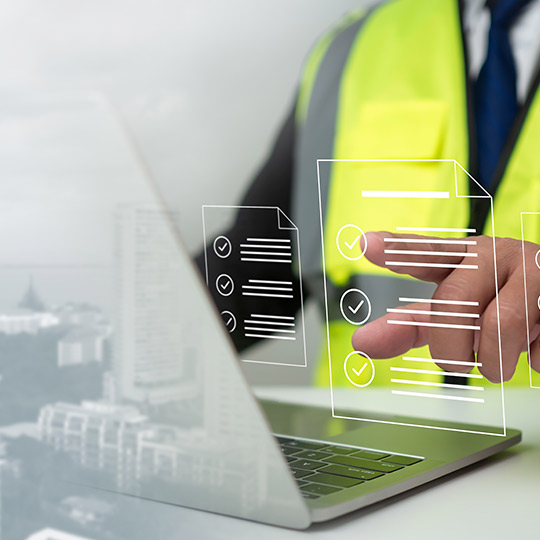 A man wearing a safety vest uses a laptop displaying a checklist, assessing options for hiring a land clearing contractor.